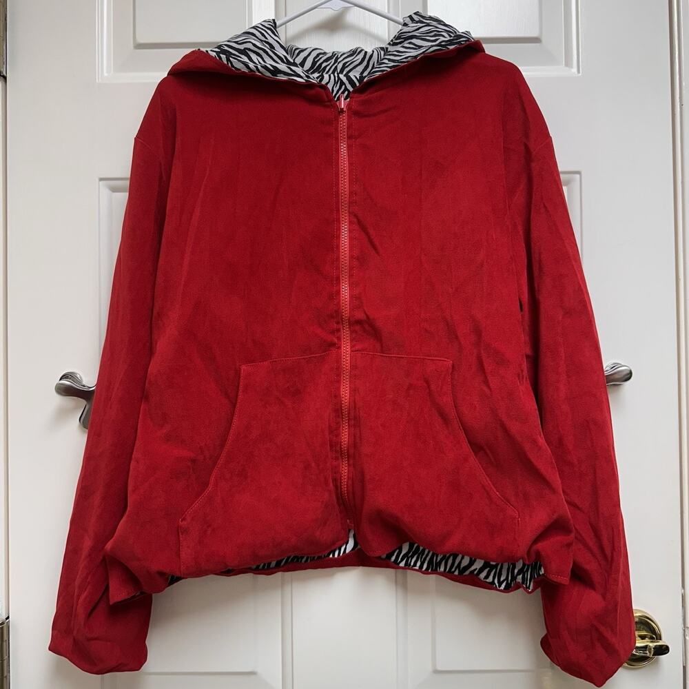 Vtg Reversible Red Velour Zebra Animal Print Hooded Jacket Pockets Cactus Flower